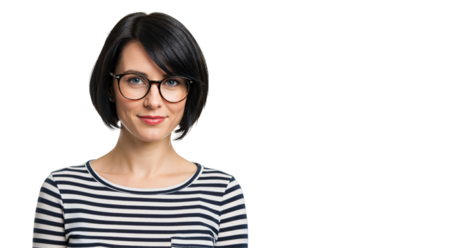 Confident Young Caucasian Woman with Short Black Hair and Glasses, Wearing Striped Top, Against a Black Background, Displaying a Thoughtful Expression