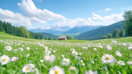 Idyllic alpine meadow, wildflowers, wooden chalet, mountains