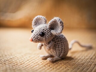 Obraz premium Adorable Knitted Gray Mouse Toy: Close-up Stock Photo of Handmade Crochet Mouse