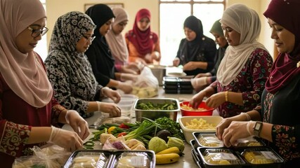 Women work together in a community kitchen, making fresh meals with local fruits and veggies