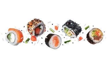 Levitation of various sushi rolls with ingredients in the air on a white background