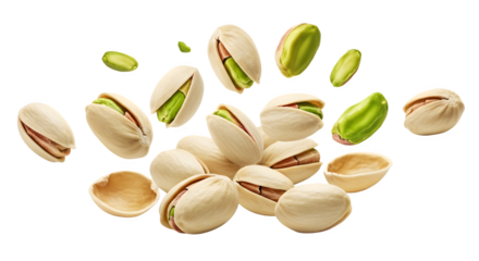 A handful of pistachios in mid-air, showcasing their creamy beige and vibrant green hues.