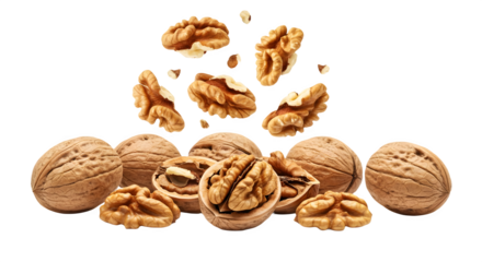 A handful of walnuts, some whole, some cracked open, showing their delicious interiors.  A healthy and nutritious snack.