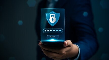 Businessman using smartphone to encrypt data and ensure cybersecurity. Digital technology protect...