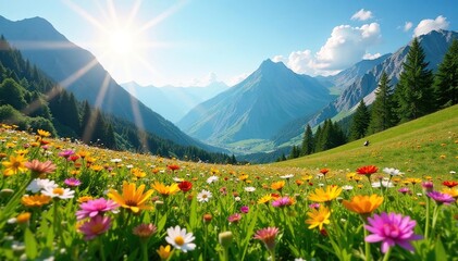 Sun-drenched alpine meadow, wildflowers blooming , mountain flowers, panoramic, tranquil