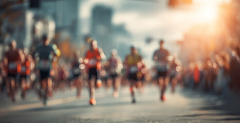 Fototapeta premium Blurred Marathon runners in a city race compete for the win on a sunny day.