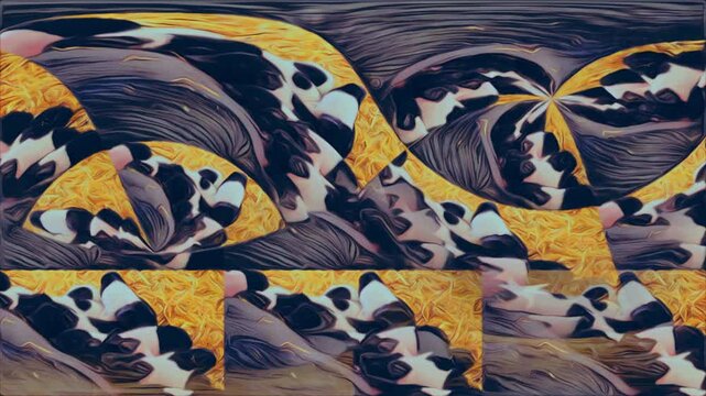 Cute pink and black baby piglets feeding in straw. Real footage used to create a fun cartoon, motion background, distorted repeat tile pattern, kaleidoscope. Baby animal, farm, barnyard background