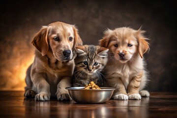 Adorable Puppies and Kitten Sharing Food Bowl - Low Light Photo