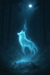 serie of illustrations with concept of eternal animal soul, wolf, our divine connection with animals even after death