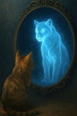 serie of illustrations with concept of eternal animal soul, cat and tiger, our divine connection with animals even after death
