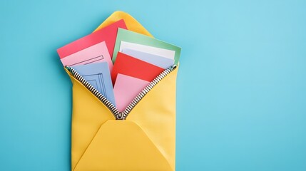 Colorful envelope with documents spilling out