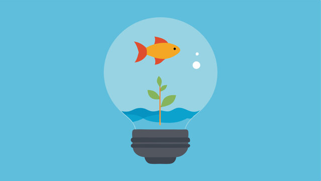 Lightbulb as a Fish Bowl A classic lightbulb is transformed into a fish bowl with a small goldfish swimming inside. The filament resembles a plant and bubbles rise to the top