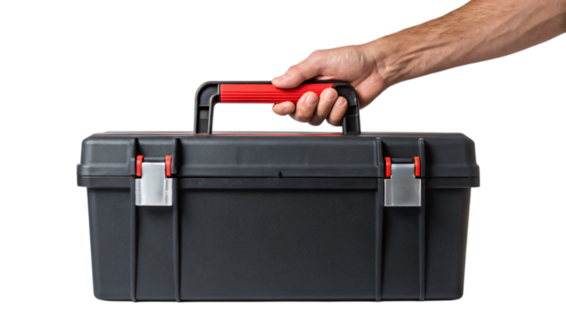 hand holding toolbox isolated