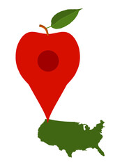 A map pin shaped like an apple marks Washington state as America's leading producer of apples. The state produces 50 percent of USA apples.