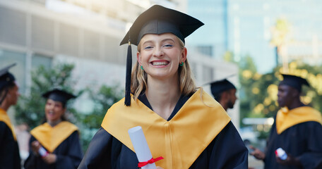 Happy, woman and portrait of graduate in city for education goal, qualification or achievement....