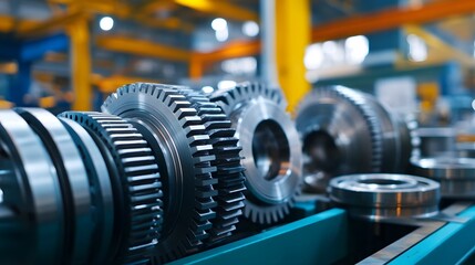 Fototapeta premium Close-up view of gears and precision mechanical parts in an industrial factory setting.
