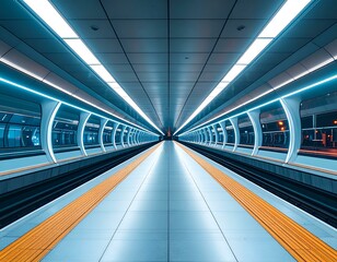 Fototapeta premium Modern subway platform with futuristic design, illuminated by bright lights. Empty platform, clean lines, symmetrical perspective.