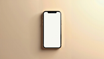 Mockup of cell phone lying in the center on golden beige background, minimalist flat design, neutral beige surface, app presentation mockup with copy space  