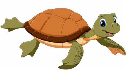 Obraz premium Friendly cartoon turtle swimming joyfully in an underwater scene, perfect for children's artwork or educational materials about marine life