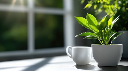 Sunlight, plants, and a coffee cup on a table