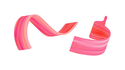 3D brush stroke ribbon with red color paint. Abstract pink fluid wave swirl in bright motion. Gradient curve splash with stream texture. Isolated acrylic twirl element for modern creative design