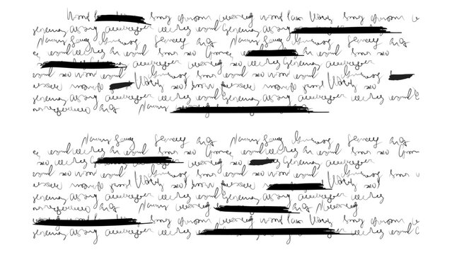 Redacted hand scribble text for letter. Write note with marker underline. Handwritten script and draft page. Pencil sketch with old ink. Cursive diary paper filled with strike and nonsense pattern