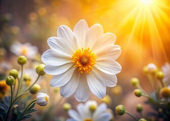 Aerial Drone Shot: Delicate White Flower with Yellow Center & Soft Buds