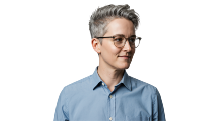 A middle-aged individual with short gray hair and glasses, wearing a light blue shirt, looking confidently to the side against a black background.