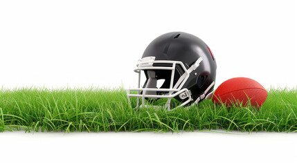 Black American football helmet and ball resting on bright green grass field, perfect for sports and team promotion imagery