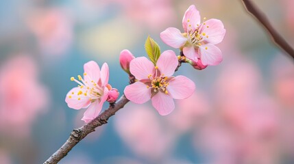 Naklejka premium Close-up of delicate pink blossoms on a branch.