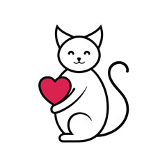 Cute cartoon cat holding a red heart vector illustration for valentine's day or love