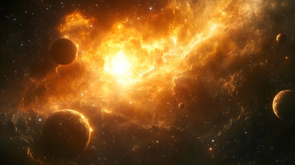 Fototapeta premium Fiery cosmic nebula with celestial bodies in deep space.
