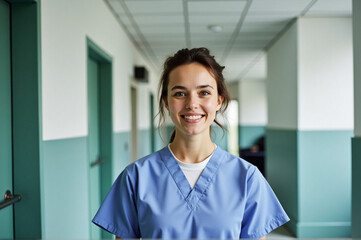 Young nurse in a hospital corridor.