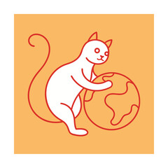 Friendly white cat hugging the earth globe simple illustration on orange background
