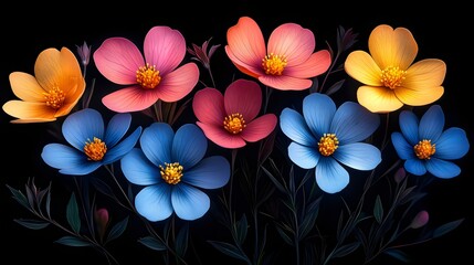 Obraz premium A bouquet of flowers with blue, pink, and yellow flowers
