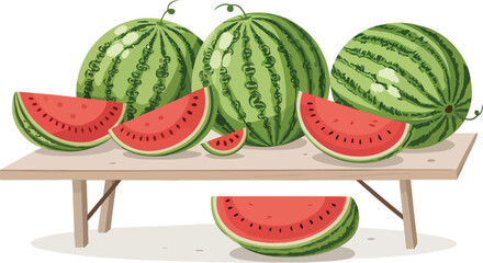 Watermelon with watermelon slice on table in white background, Watermelon illustration vector design