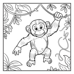Cute cartoon monkey, playful expression, swinging from vine, jungle setting, coloring book page, black and white line art, tropical leaves, square frame, childlike illustration, detailed drawing,