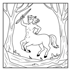 Centaur illustration, black and white line drawing, mythical creature, half-man half-horse, forest setting, trees framing the scene, square composition, simple style, fantasy art, magical woodland, 