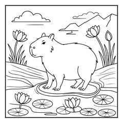 Cute capybara, lotus flowers, pond, lily pads, mountains in background, fluffy clouds, black and white line drawing, coloring book page, simple illustration, children's book style, square composition,