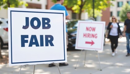Job fair signs indicating employment opportunities and job seekers.