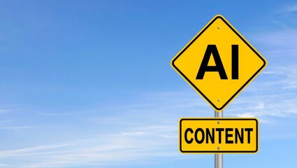 Fototapeta premium Yellow road sign attention concept AI, concept. Filtering content creation with the help of Artificial Intelligence.