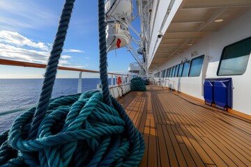 Obraz premium Cruise ship deck activities panorama with nautical rope details, outdoor recreation, sea voyage, maritime lifestyle, travel adventure, leisure on deck, ocean view, cruising.