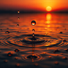 Close-Up of Water Droplets and Ripples Illuminated by Sunset Light