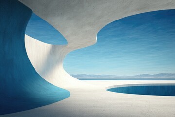 Abstract concrete architectural structure with curved walls and openings, showcasing a serene coastal view.  Blue accents and a light-gray concrete floor define a modern space