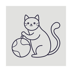 Cute cartoon cat holding an earth globe in a simple flat minimalist style