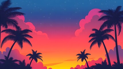 Vibrant sunset sky with colorful clouds and palm tree silhouettes