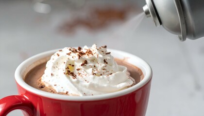 Close-up of a red mug filled with hot chocolate topped with whipped cream and chocolate shavings. A whipped cream dispenser adds more cream.