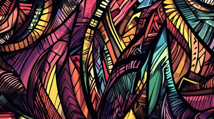 Abstract design with overlapping vibrant shapes and lines.