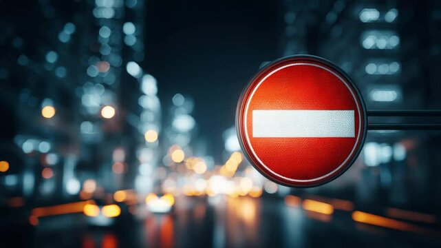 Nighttime urban scene featuring a red no-entry sign illuminated by city lights in the background