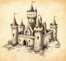 Obraz premium A hand drawn medieval castle with tall towers and intricate details stands against a warm beige background capturing historical charm and artistry